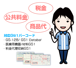 対応GS1バーコード：GS1-128、GS1データバー、医療用機器/材量GS1、料金代理収納GS1